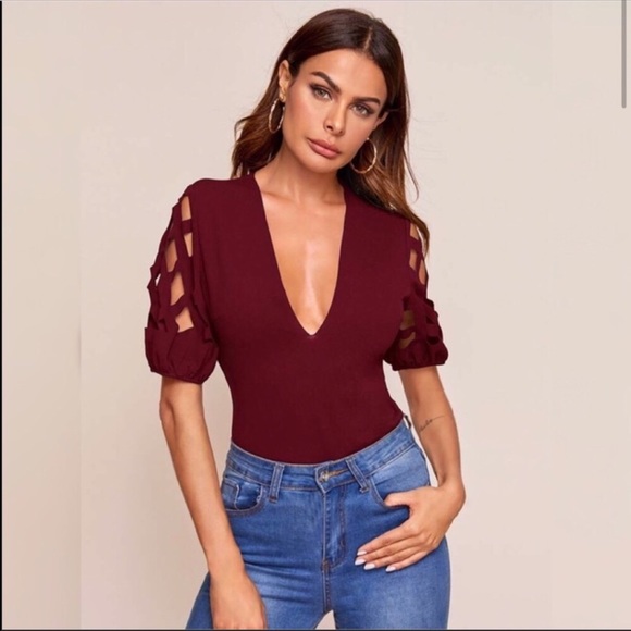 Tops - CUT-OUT SLEEVE LOW V NECK BLOUSE /TOP